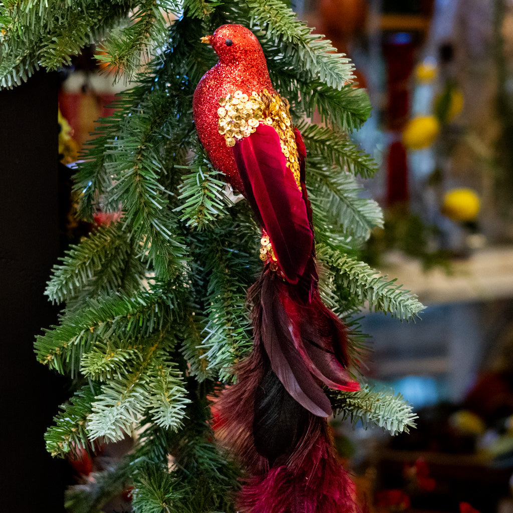 Red Glitter Bird with Gold Sequins and Red Tail