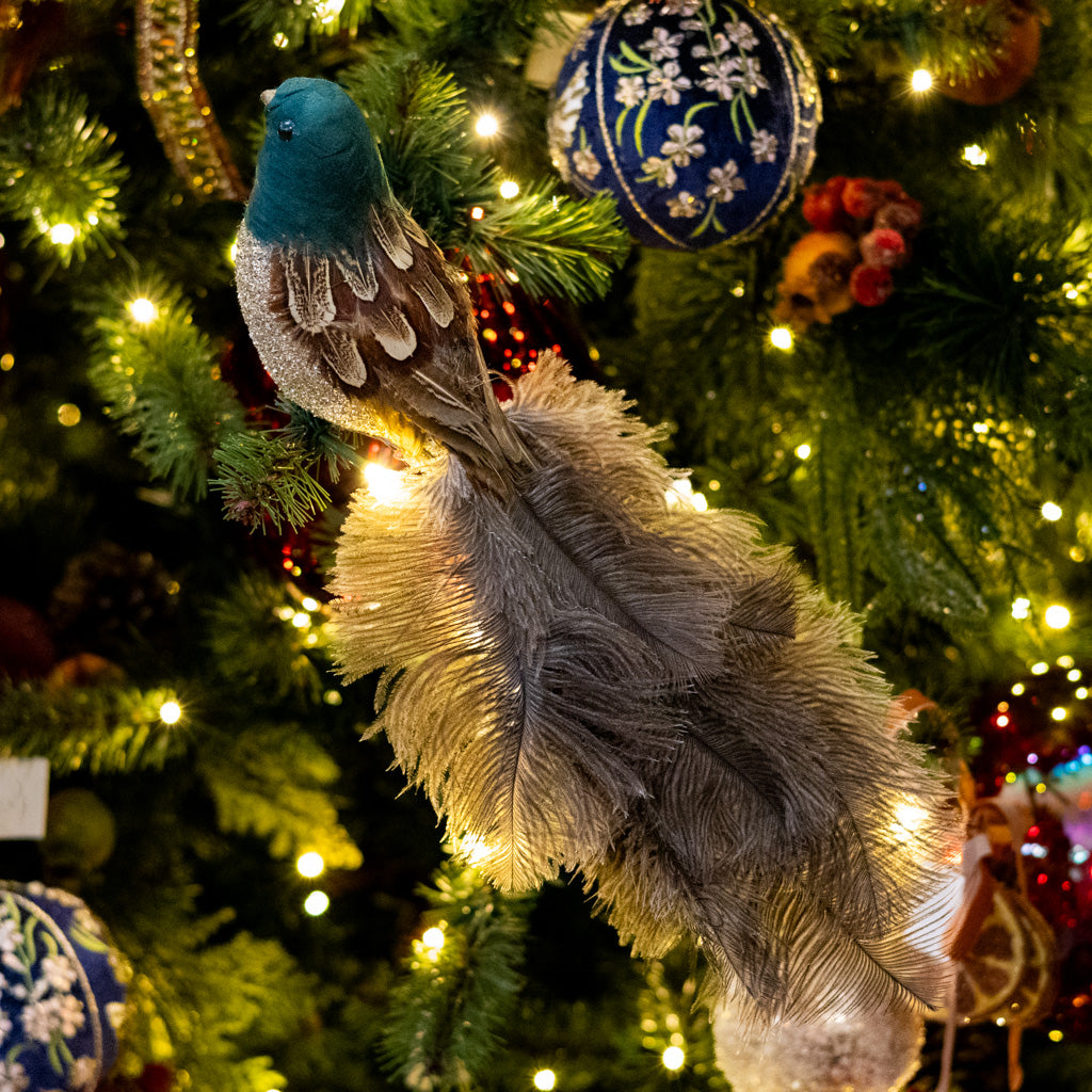 Feather Bird w/ Green Head Silver Glitter Body Ostrich Tail