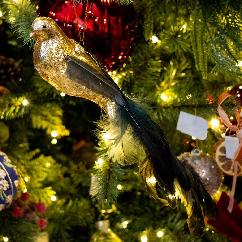 Tall Glass Gold Bird with Feather Tail
