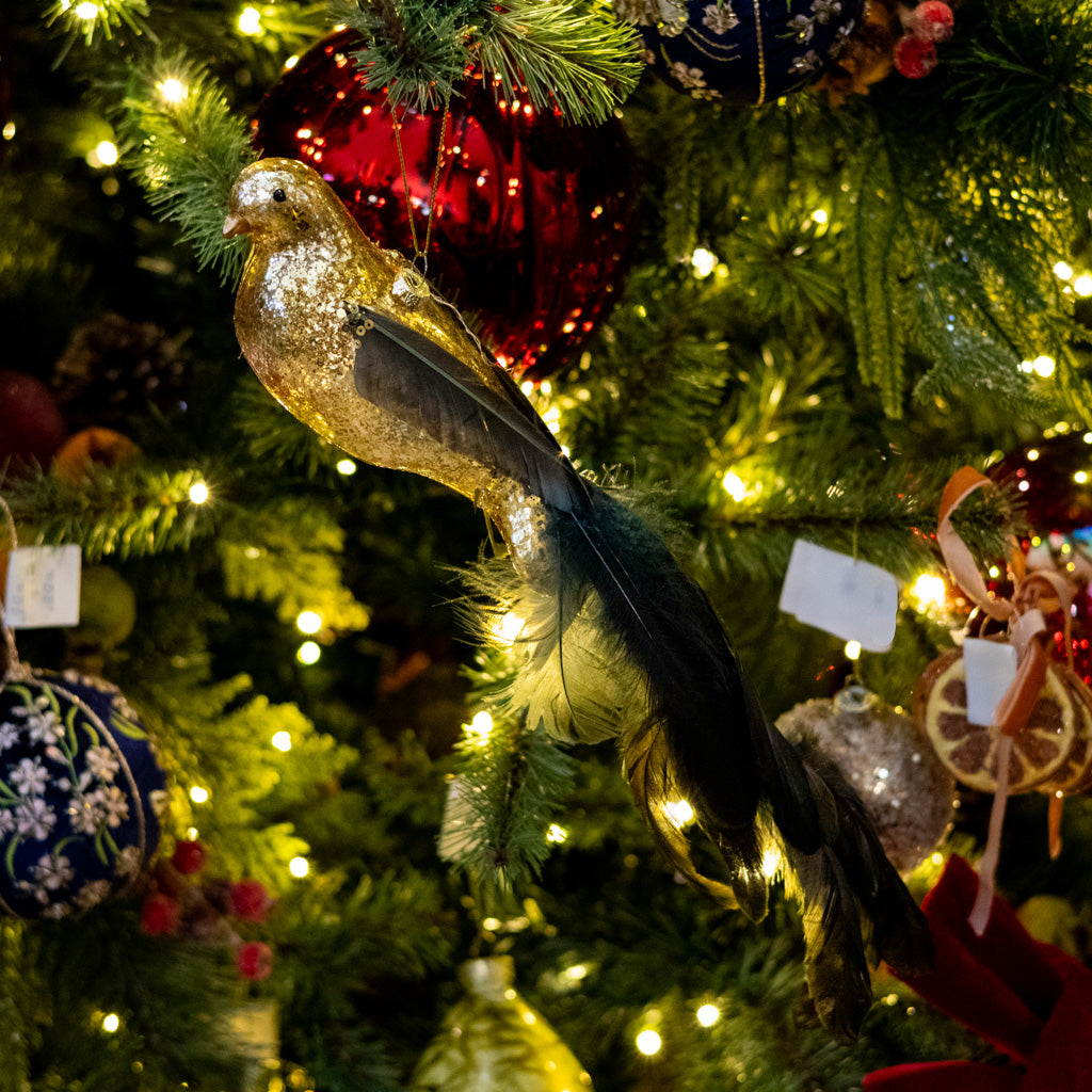 Tall Glass Gold Bird with Feather Tail