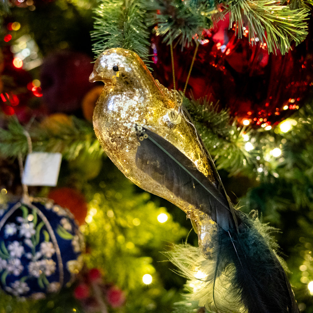 Tall Glass Gold Bird with Feather Tail