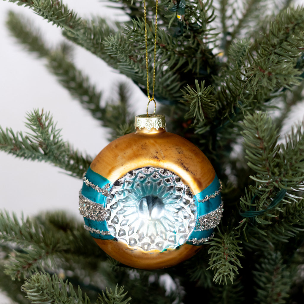 Glass Reflector Gold Turquoise Ornament