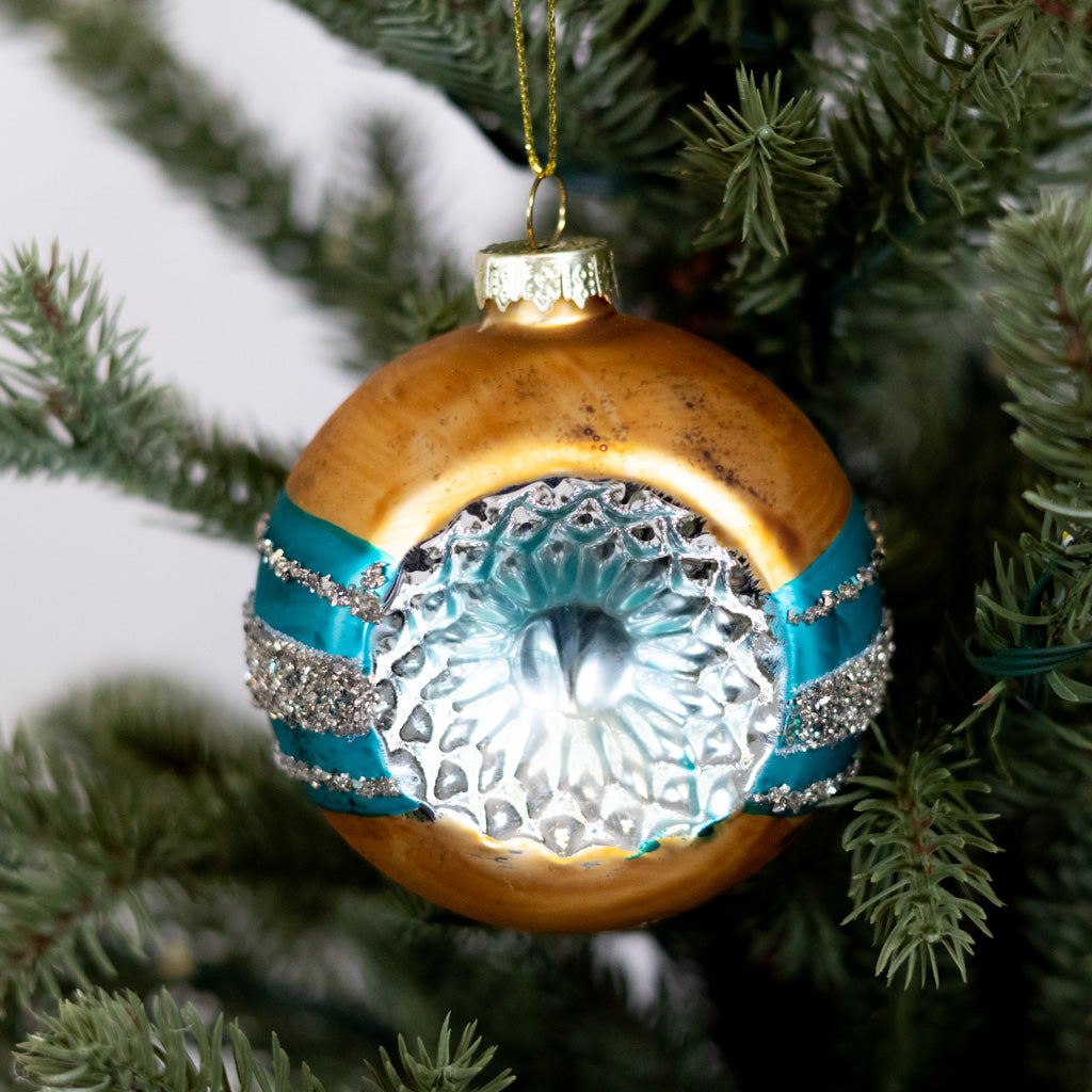 Glass Reflector Gold Turquoise Ornament