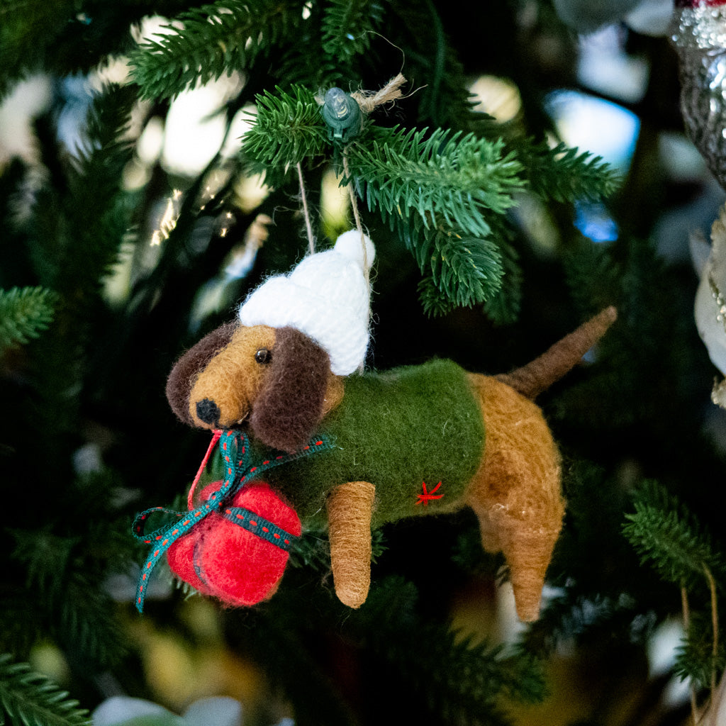 Felt Dachshund with White Hat, Green Jacket and Gift Ornament