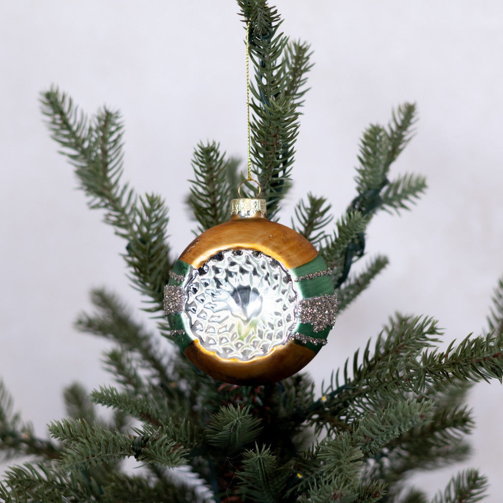 Glass Reflector Gold Green Ornament