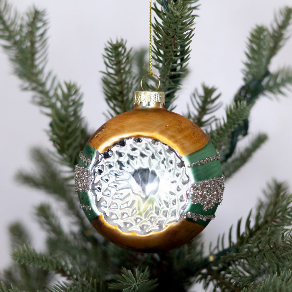 Glass Reflector Gold Green Ornament