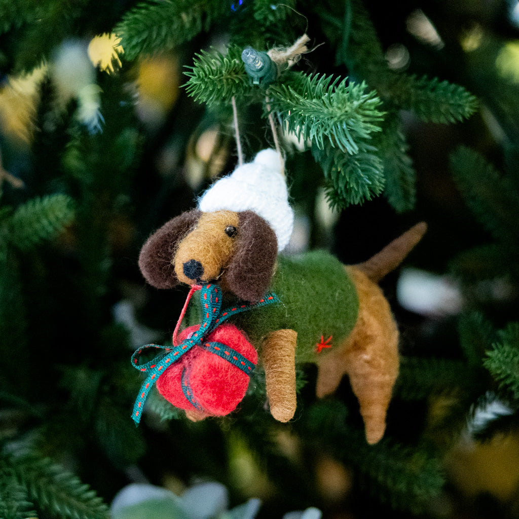 Felt Dachshund with White Hat, Green Jacket and Gift Ornament
