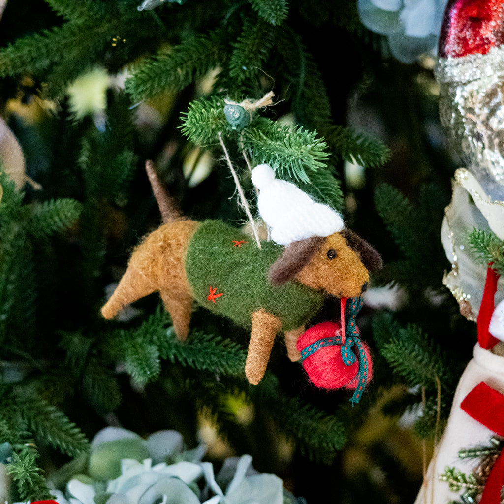 Felt Dachshund with White Hat, Green Jacket and Gift Ornament