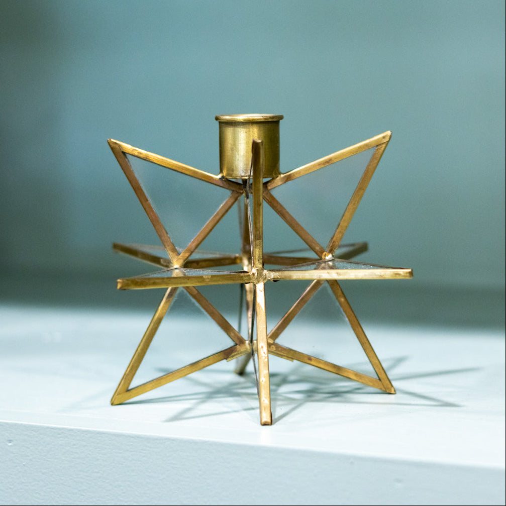 Tall 3-Dimensional Gold Metal and Glass Star Taper Candleholder