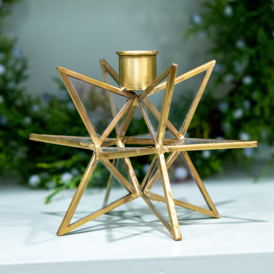 Tall 3-Dimensional Gold Metal and Glass Star Taper Candleholder