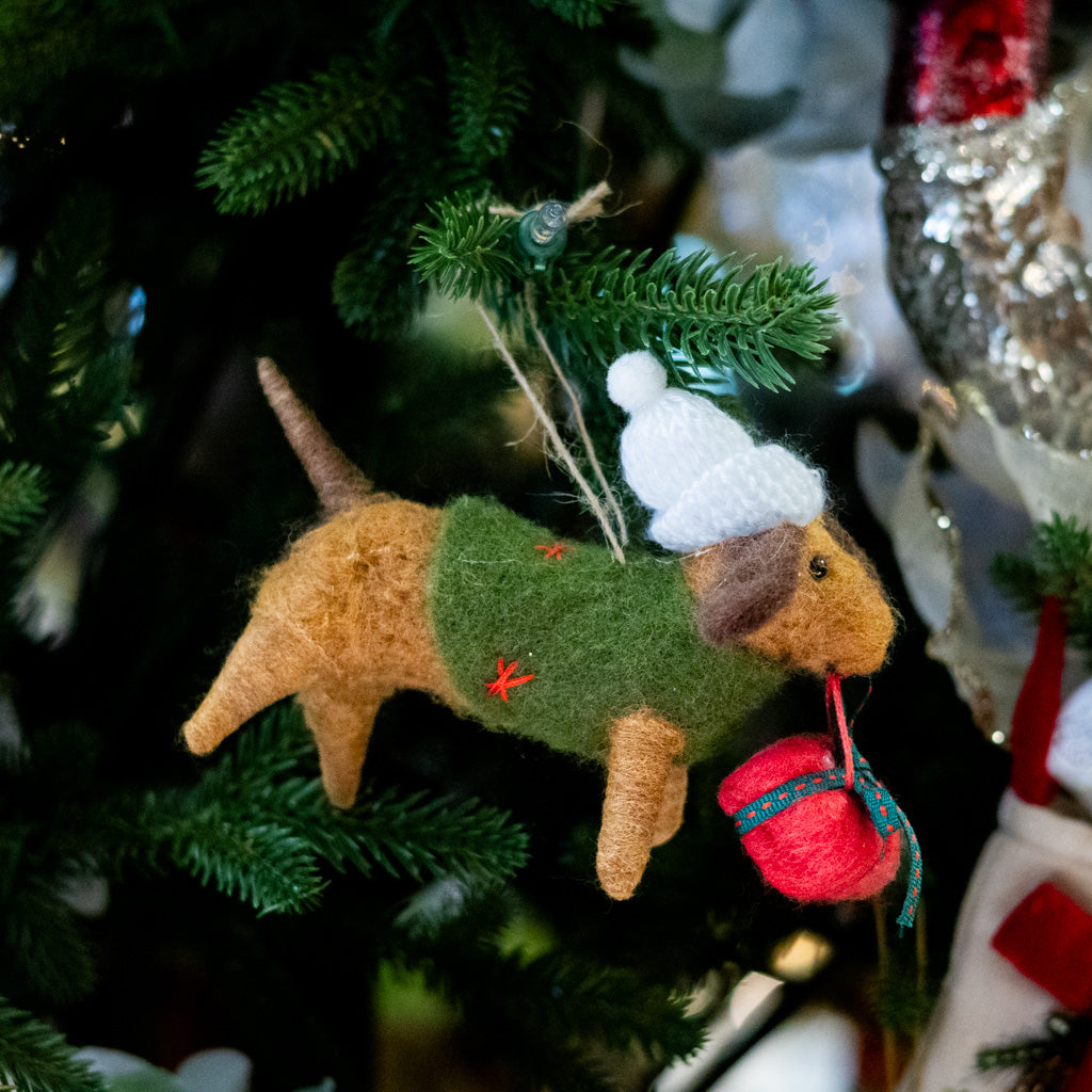 Felt Dachshund with White Hat, Green Jacket and Gift Ornament