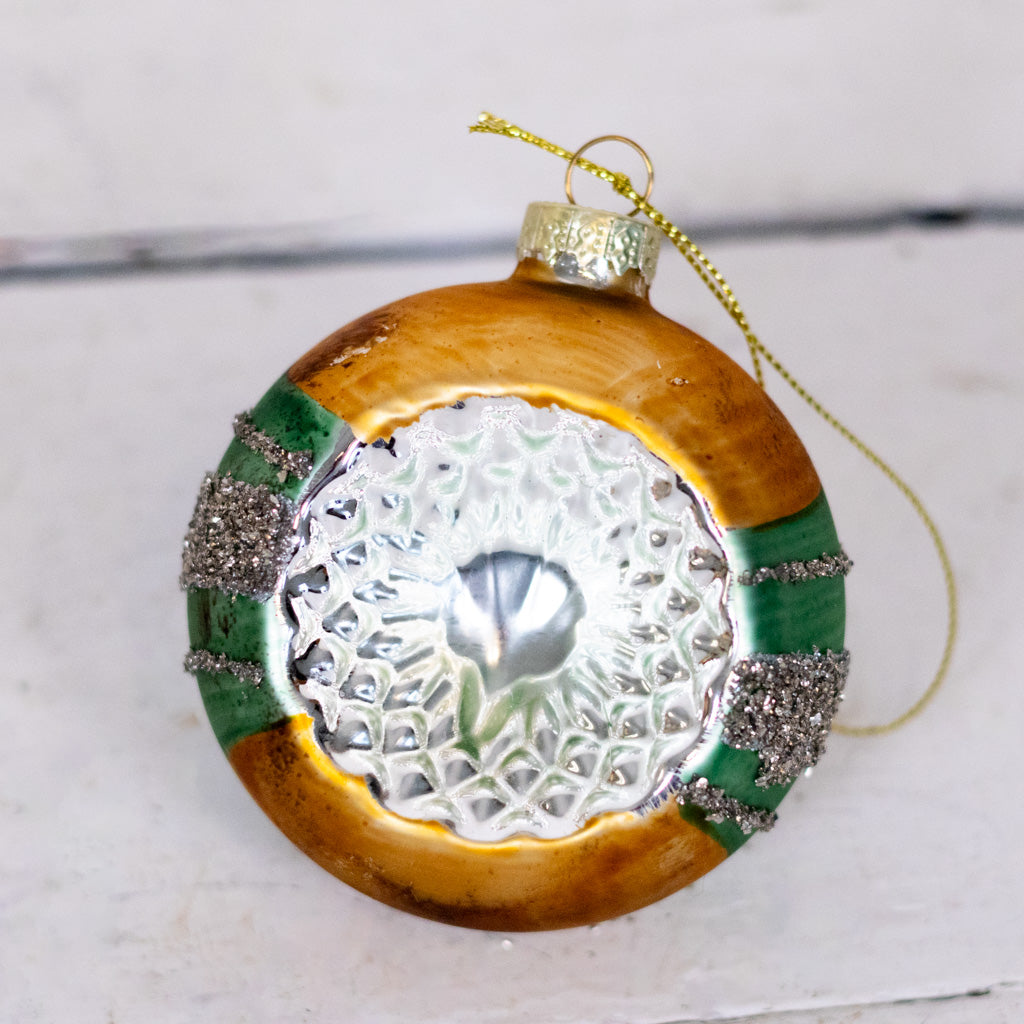 Glass Reflector Gold Green Ornament