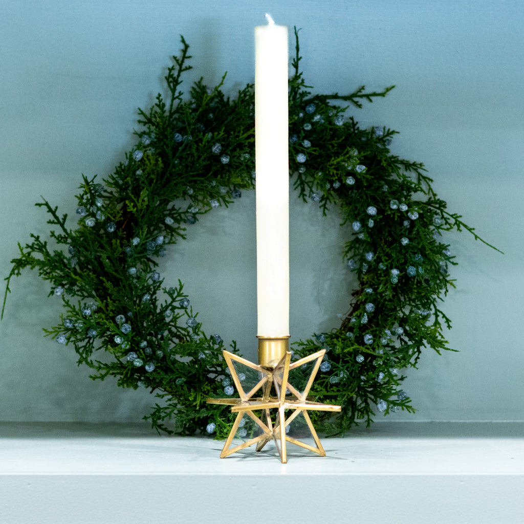 Short 3-Dimensional Gold Metal and Glass Star Taper Candleholder