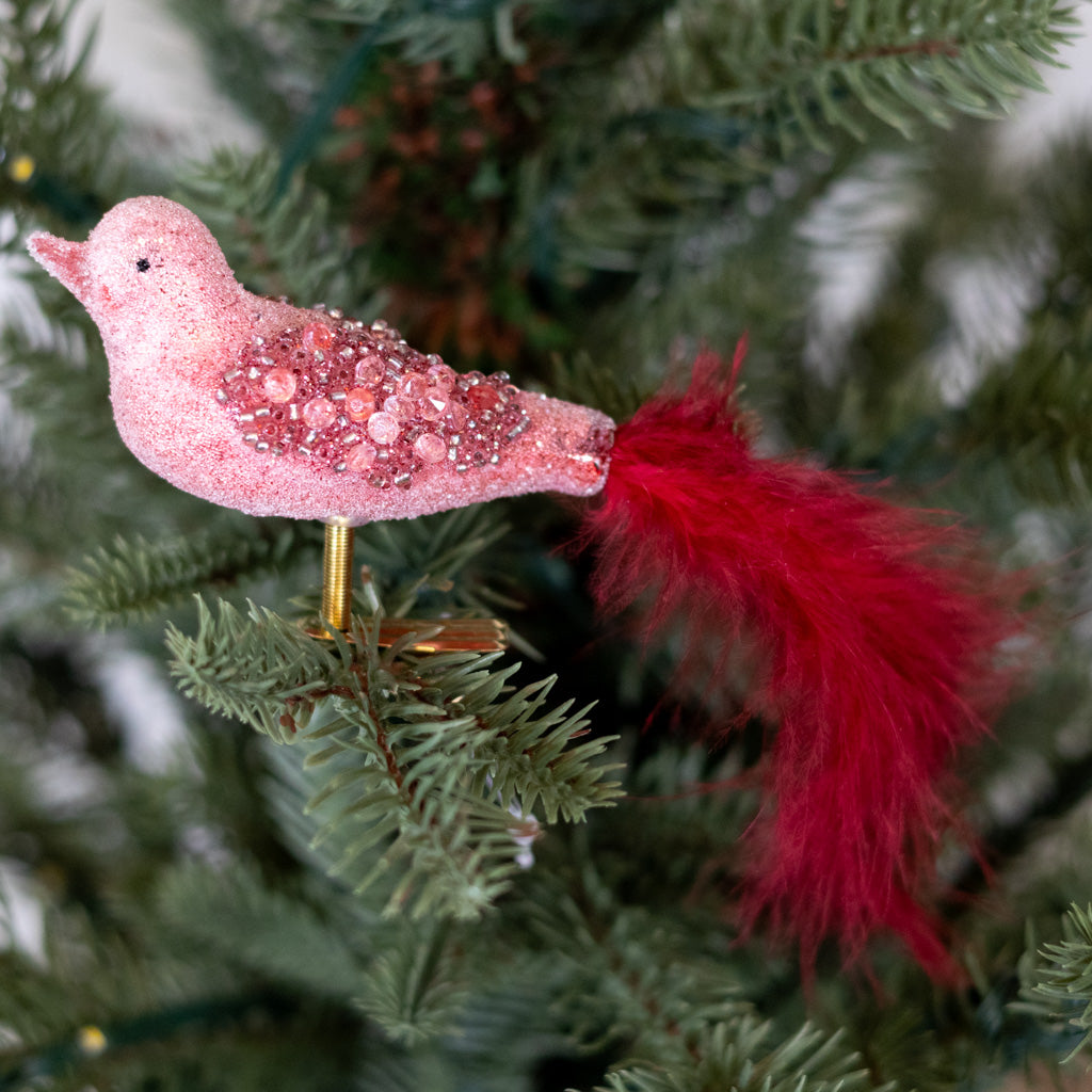 Glass Sequin Bird with Red Feather Tail