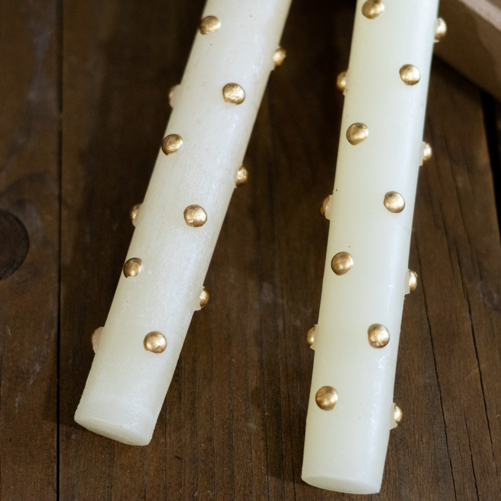 Set of Two Cream with Gold Dot Taper Candle