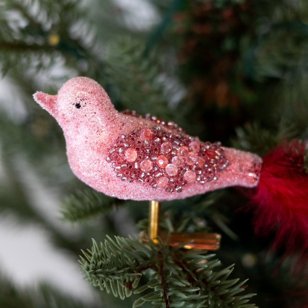 Glass Sequin Bird with Red Feather Tail