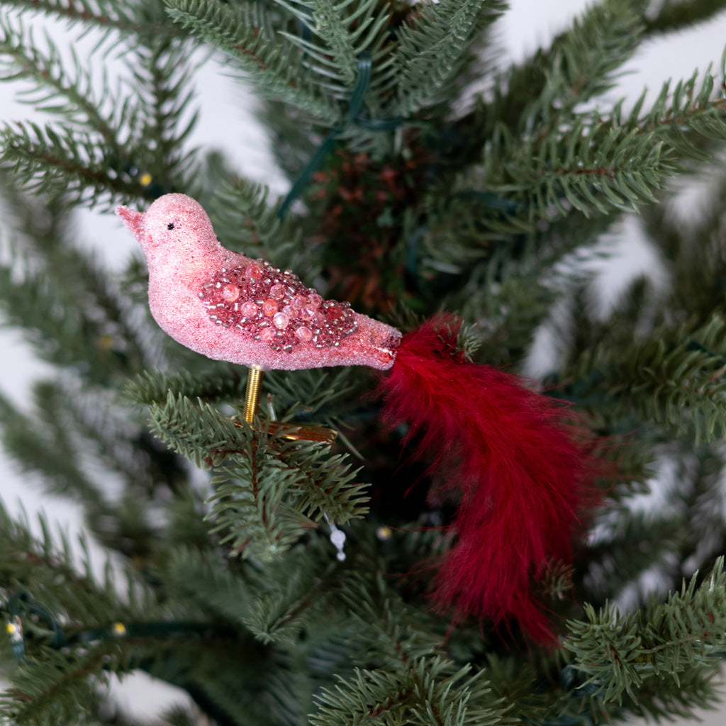 Glass Sequin Bird with Red Feather Tail