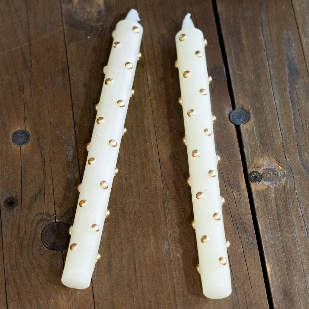 Set of Two Cream with Gold Dot Taper Candle