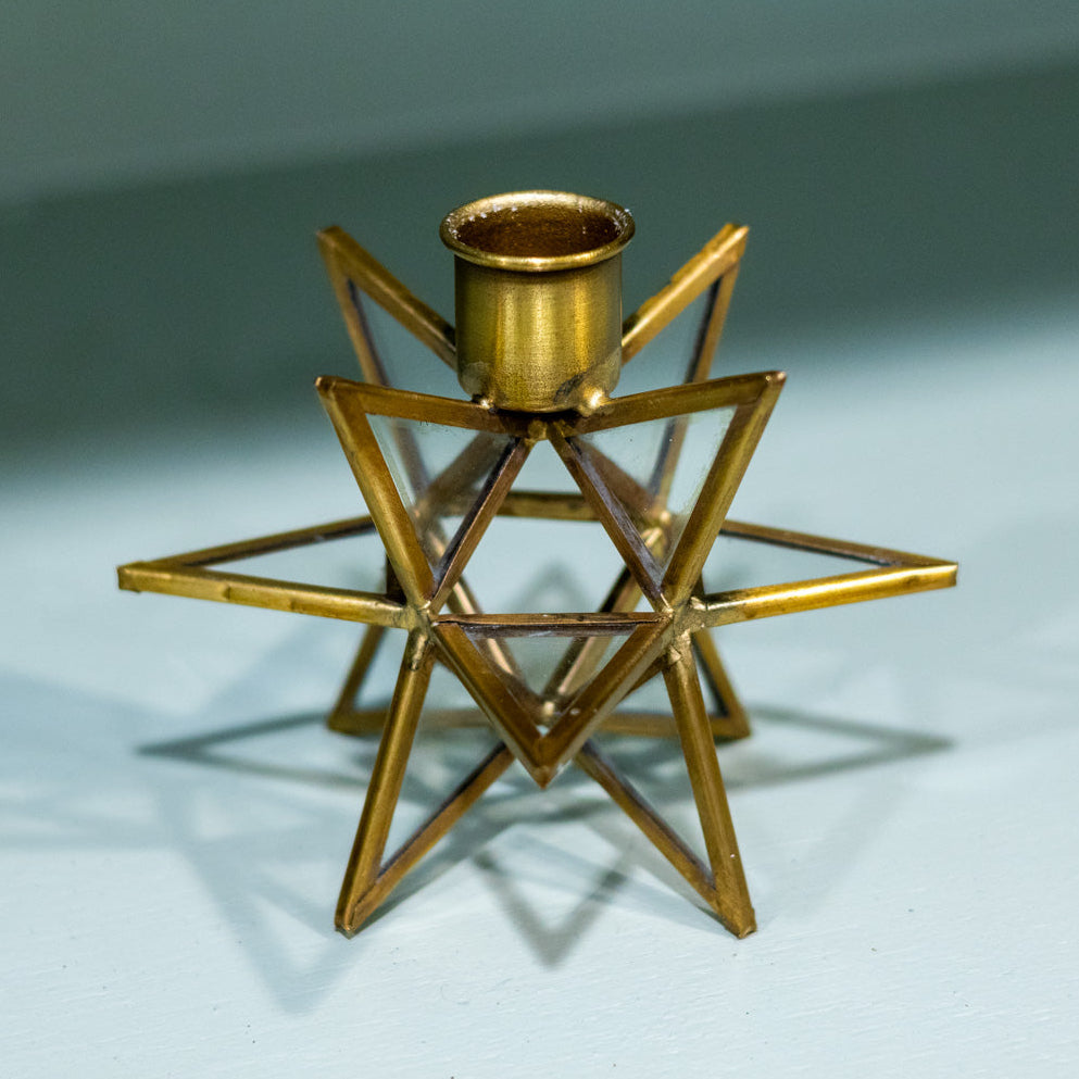 Short 3-Dimensional Gold Metal and Glass Star Taper Candleholder