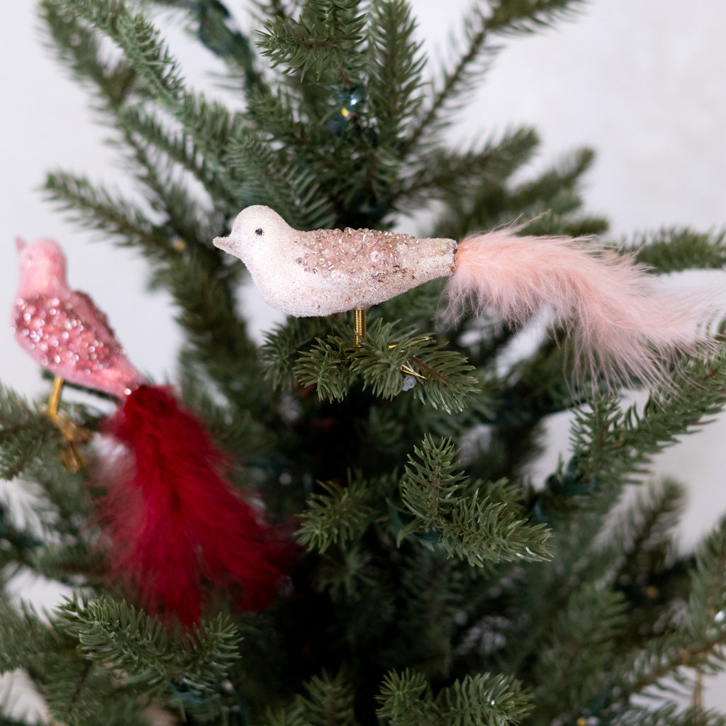 Glass Sequin Bird with Pink Feather Tail