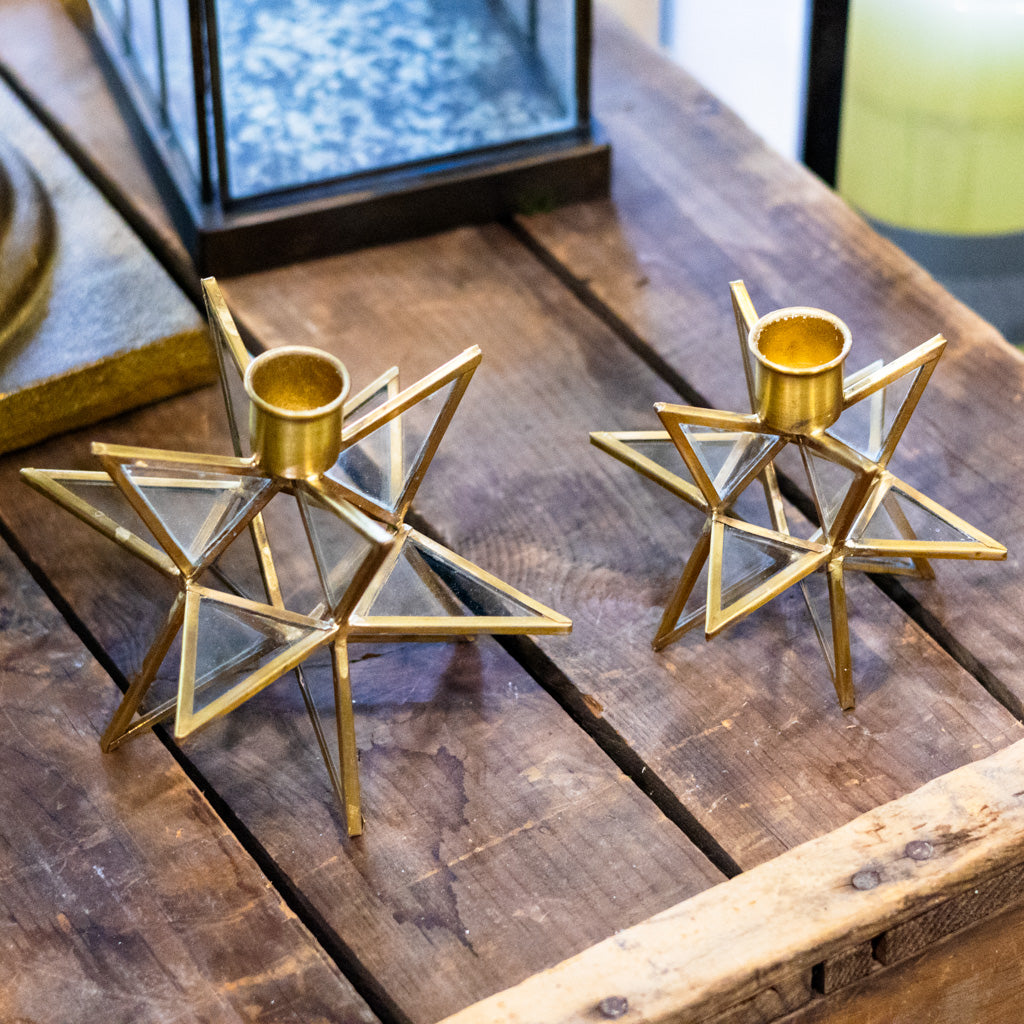Tall 3-Dimensional Gold Metal and Glass Star Taper Candleholder