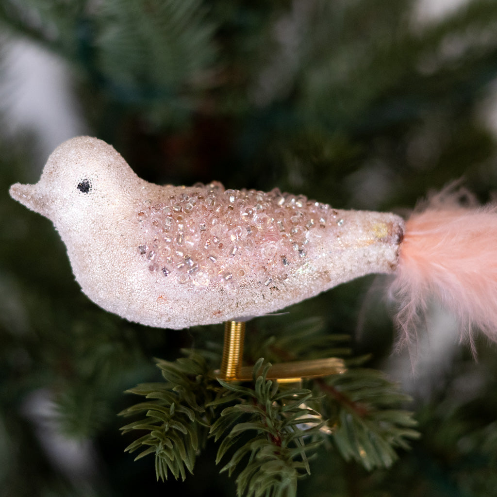 Glass Sequin Bird with Pink Feather Tail