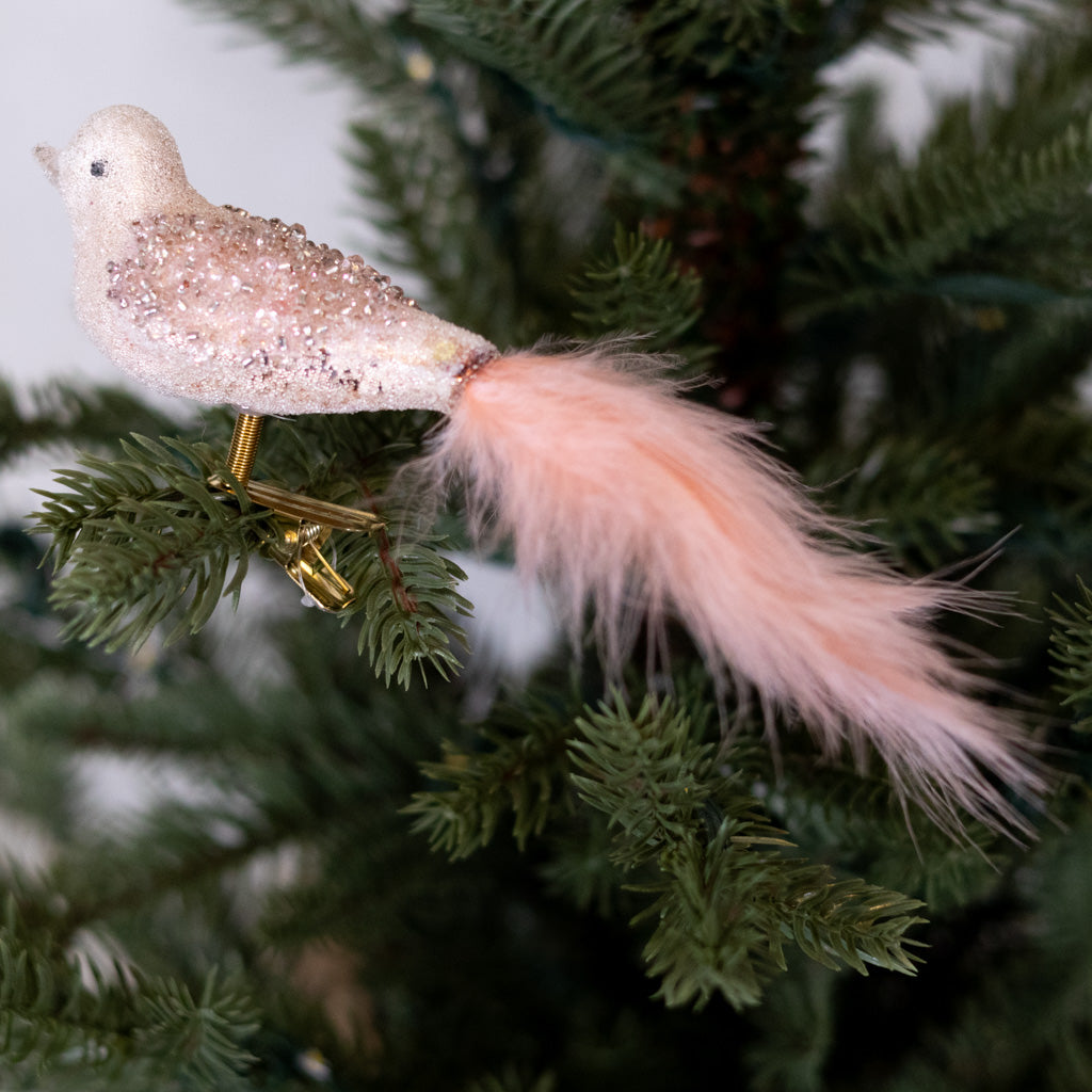 Glass Sequin Bird with Pink Feather Tail