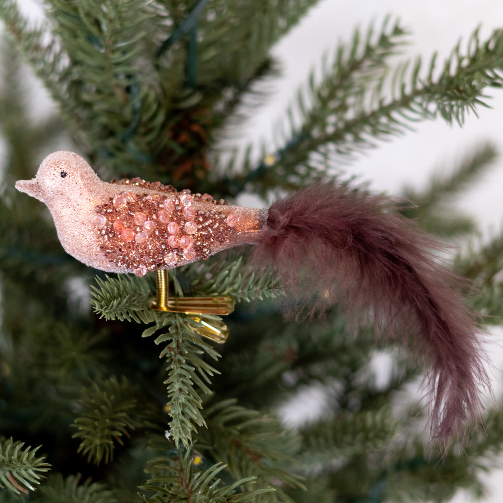 Glass Sequin Bird with Brown Feather Tail