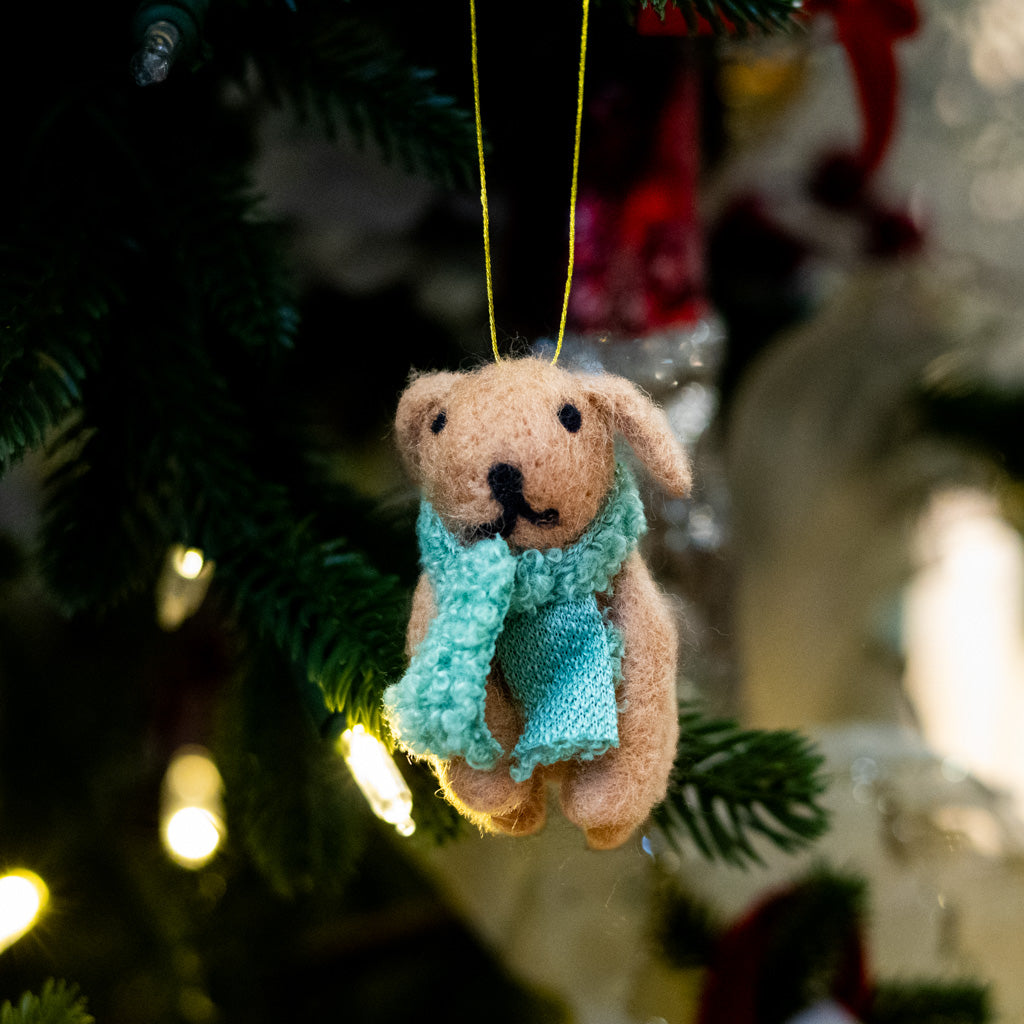 Felt Tan Dog with Green Scarf Ornament