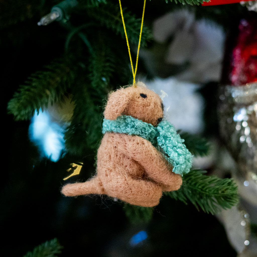 Felt Tan Dog with Green Scarf Ornament