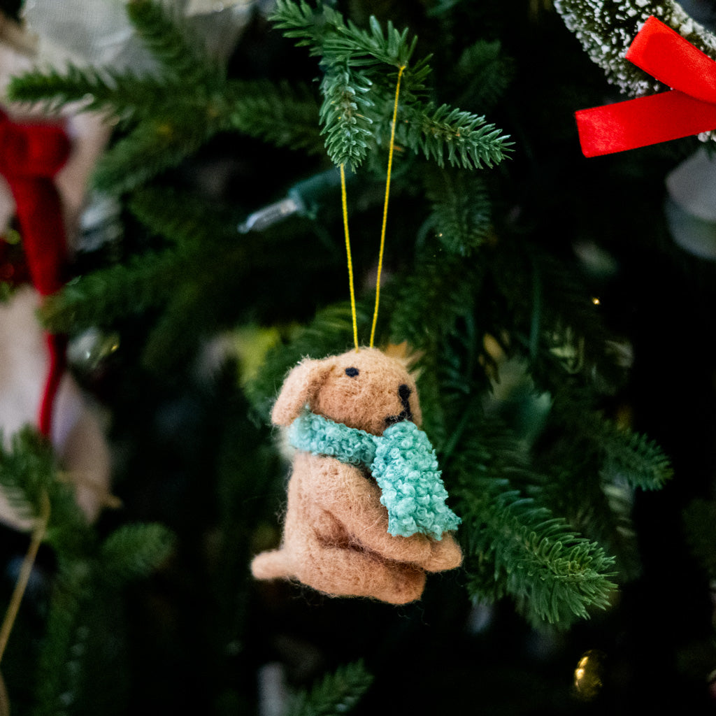 Felt Tan Dog with Green Scarf Ornament