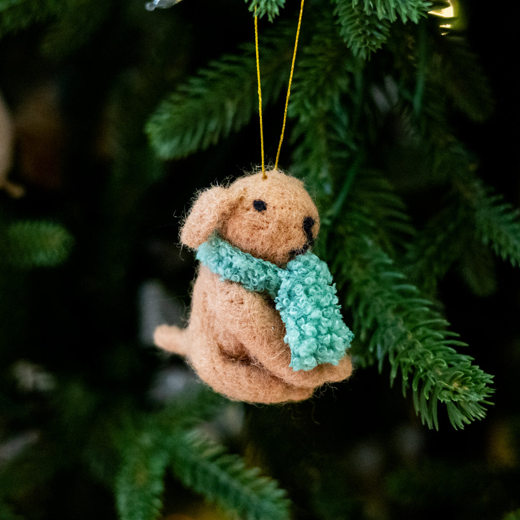 Felt Tan Dog with Green Scarf Ornament