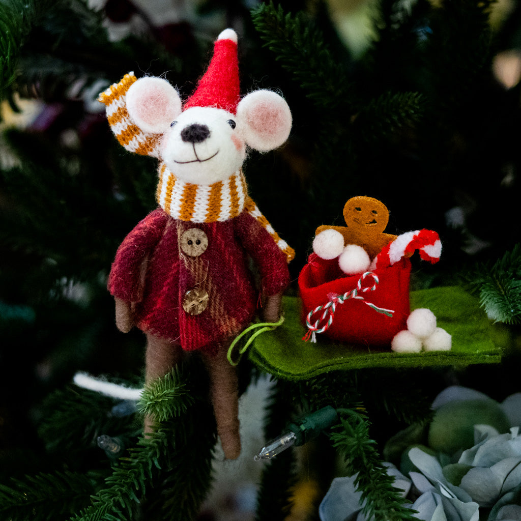Felt Santa Mouse Pulling Toboggan and Gifts