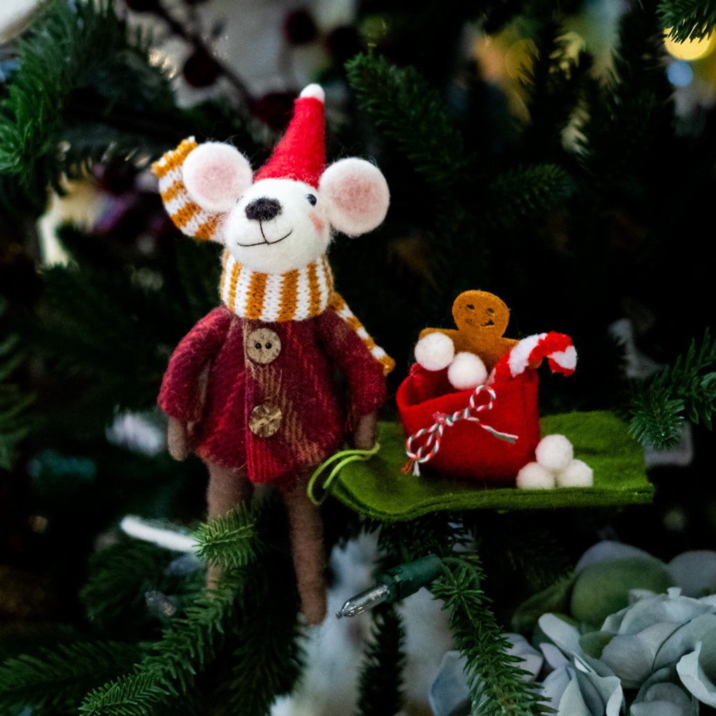 Felt Santa Mouse Pulling Toboggan and Gifts