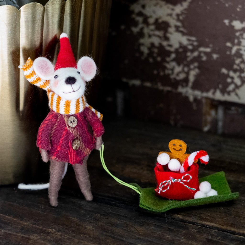 Felt Santa Mouse Pulling Toboggan and Gifts