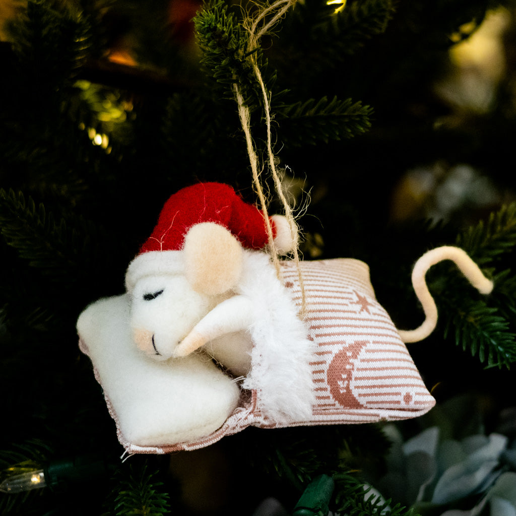 Felt Sleeping Baby Mouse with Santa Hat Ornament