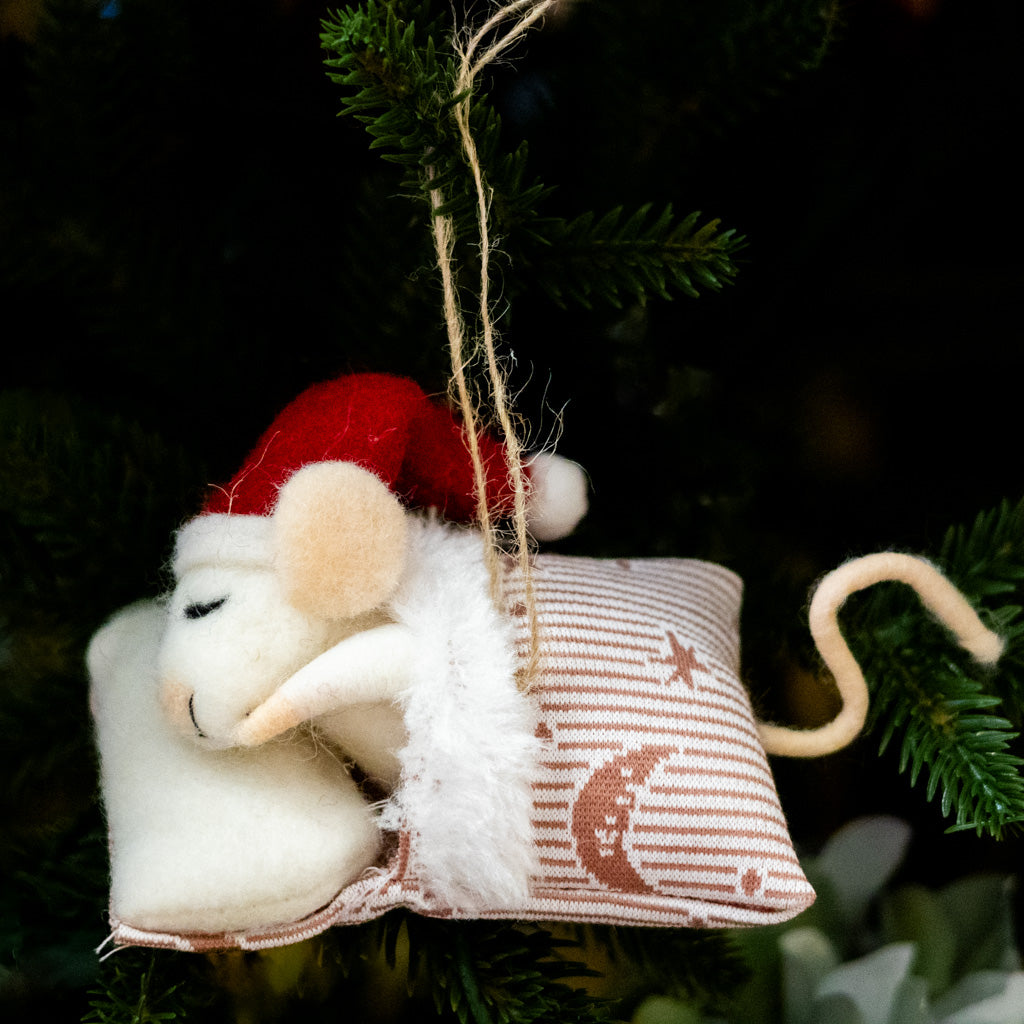 Felt Sleeping Baby Mouse with Santa Hat Ornament