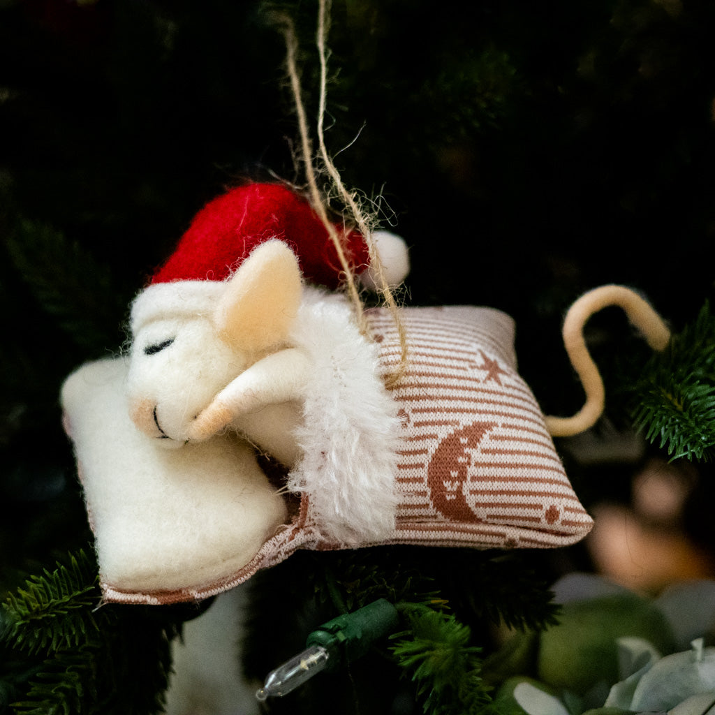 Felt Sleeping Baby Mouse with Santa Hat Ornament