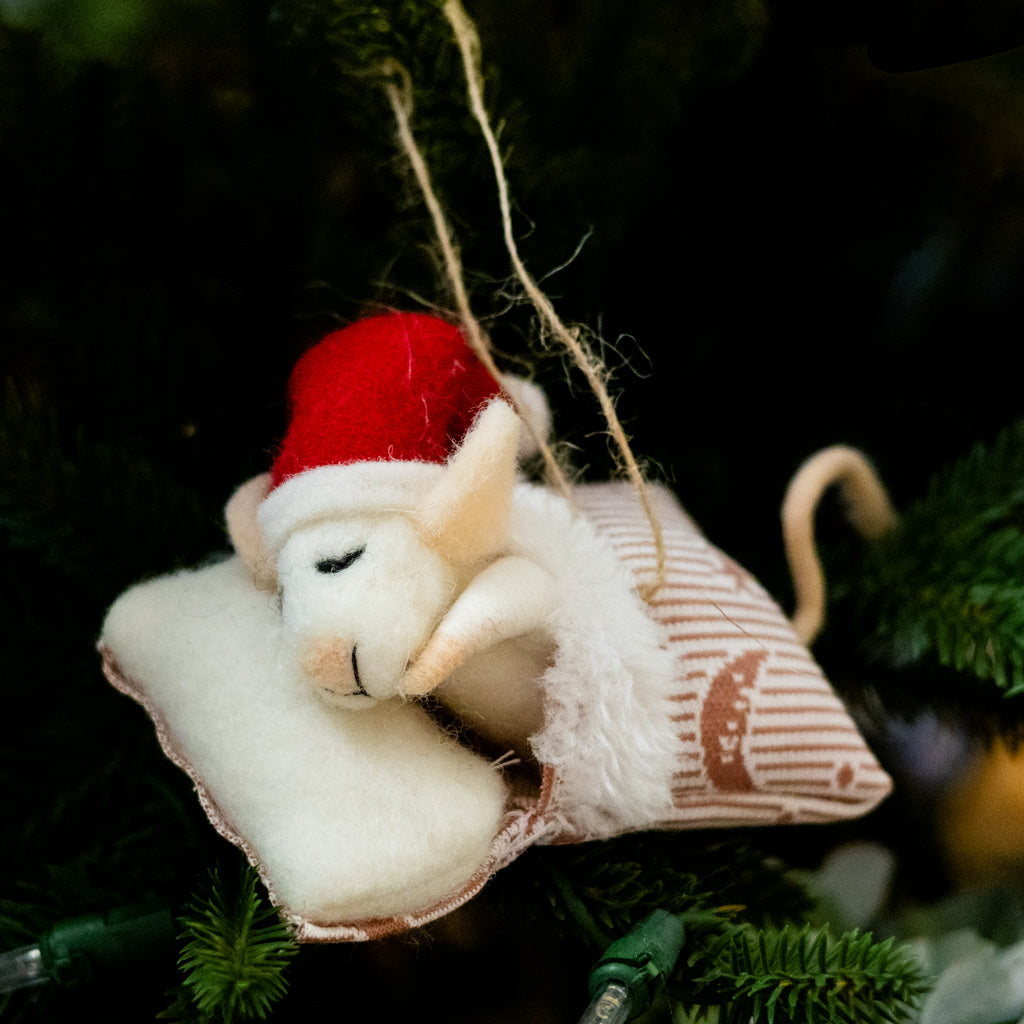 Felt Sleeping Baby Mouse with Santa Hat Ornament