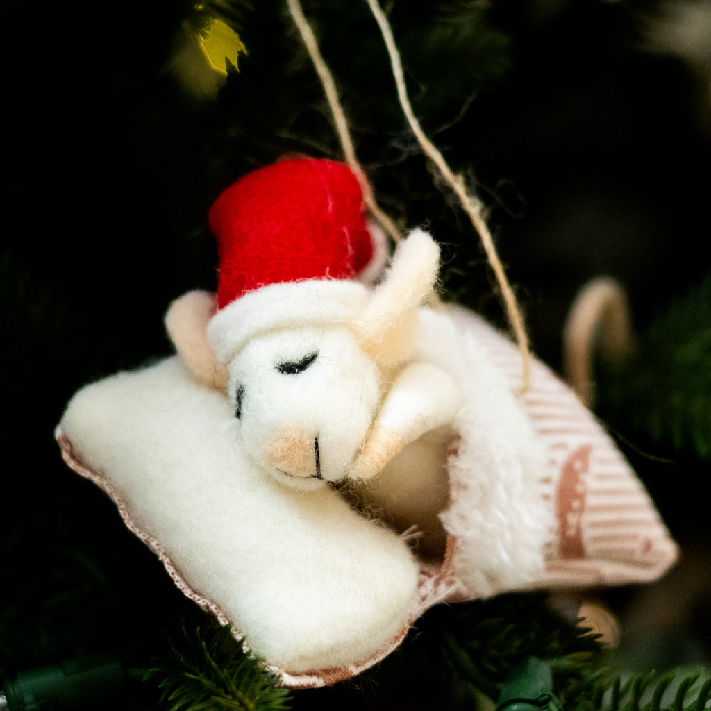 Felt Sleeping Baby Mouse with Santa Hat Ornament