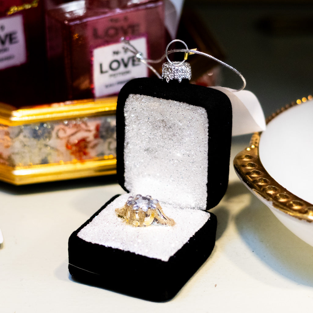 Diamond Engagement Ring in Black Velvet Box Glass Ornament