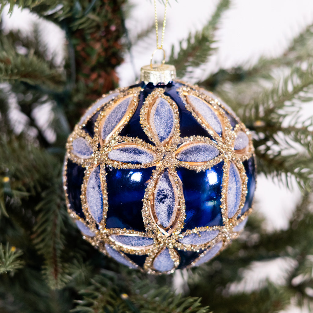 Glass Fluerette Dark Blue Ball Ornament