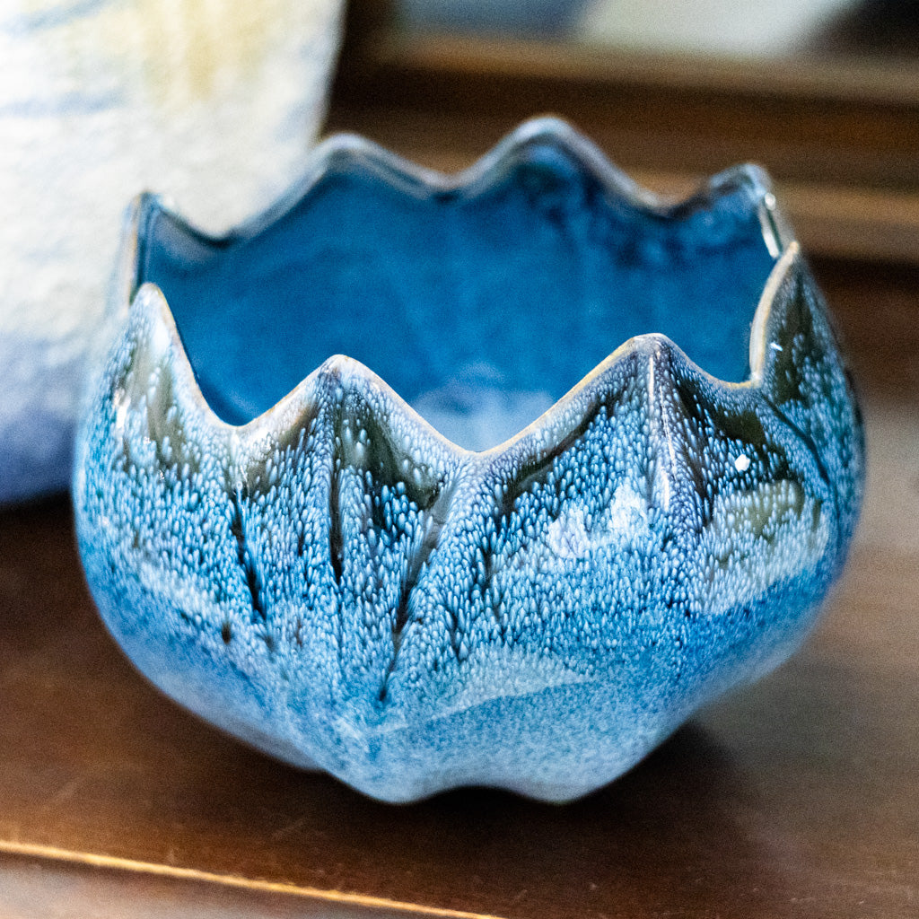 Stoneware Flower Blue Shaped Planter Reactive Glace