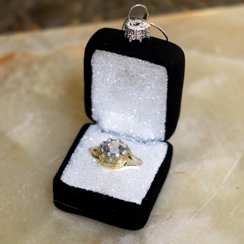 Diamond Engagement Ring in Black Velvet Box Glass Ornament