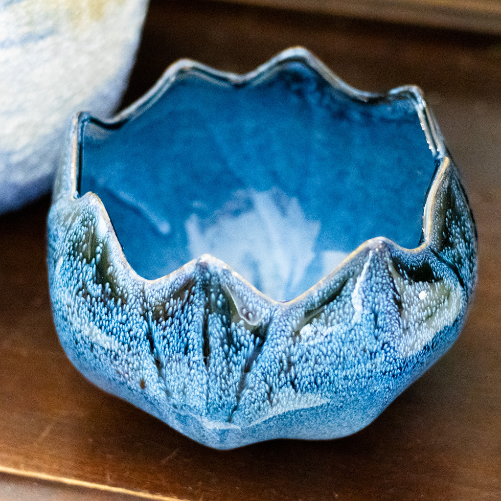 Stoneware Flower Blue Shaped Planter Reactive Glace