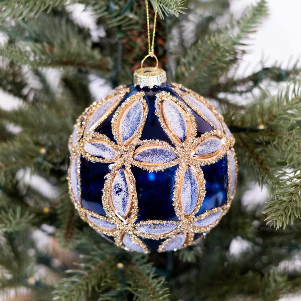 Glass Fluerette Dark Blue Ball Ornament