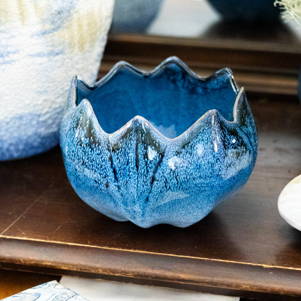 Stoneware Flower Blue Shaped Planter Reactive Glace