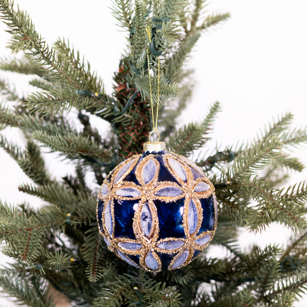 Glass Fluerette Dark Blue Ball Ornament