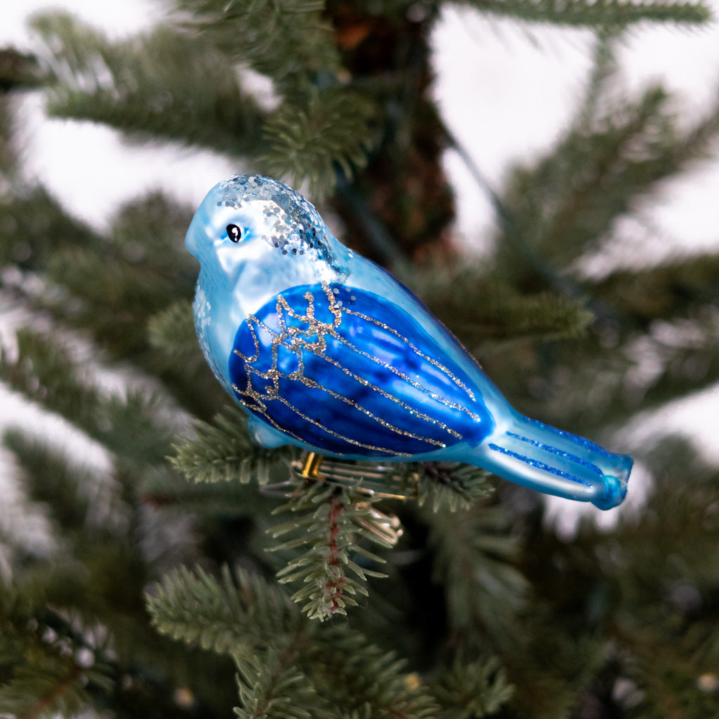 Glass Pale Blue Bird with Clip Ornament