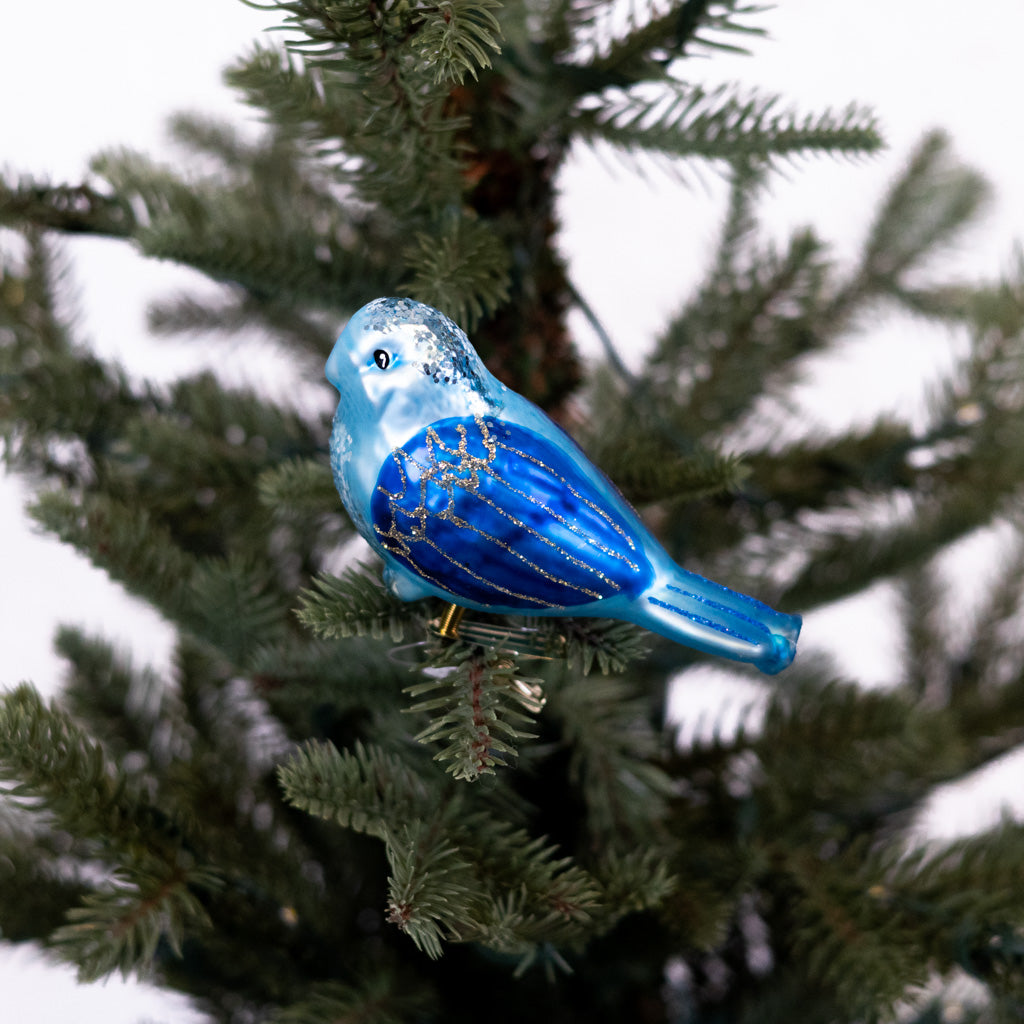 Glass Pale Blue Bird with Clip Ornament